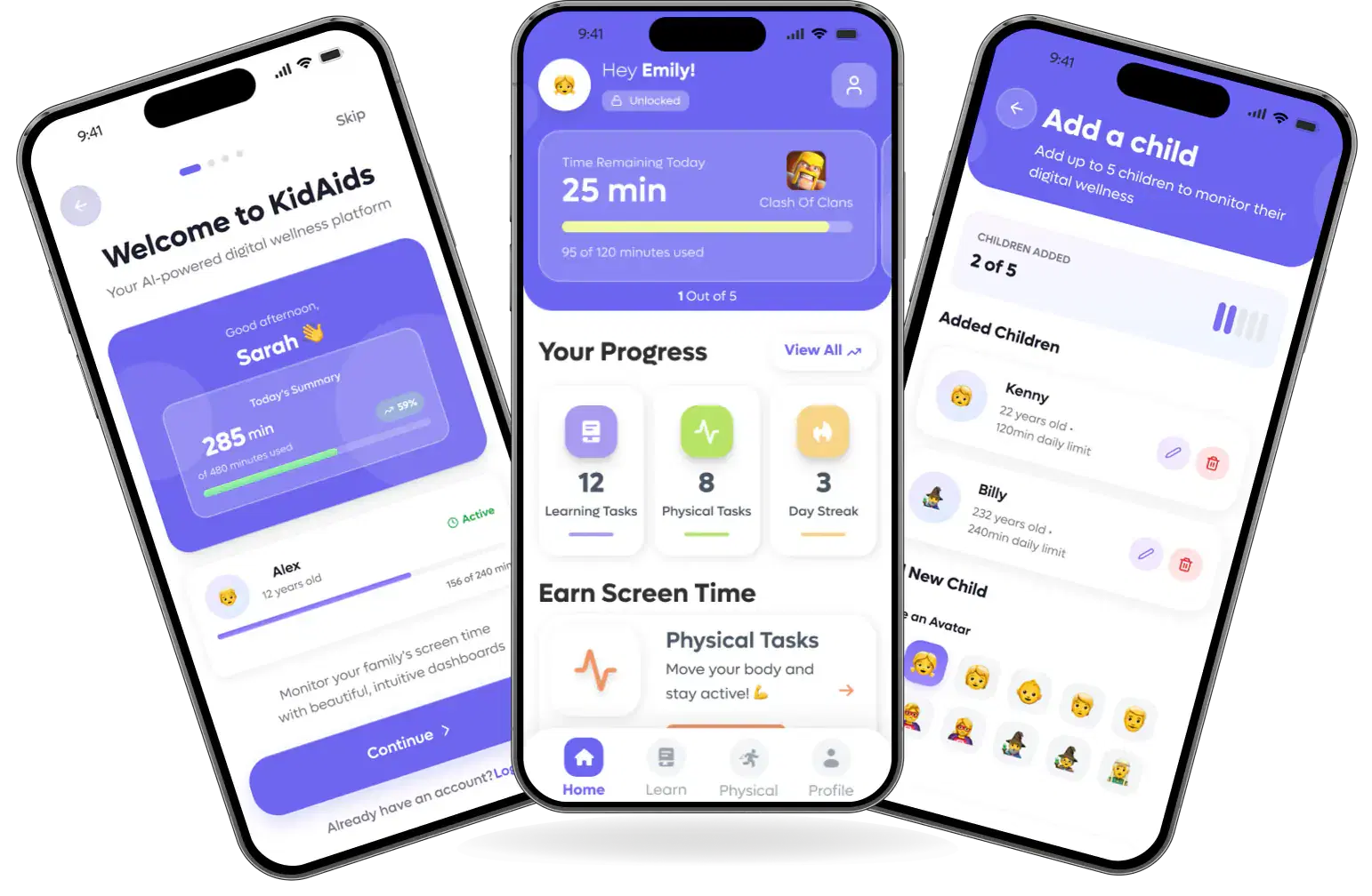 CoziCademy smart screen-time app showing daily progress, onboarding, and child profiles
