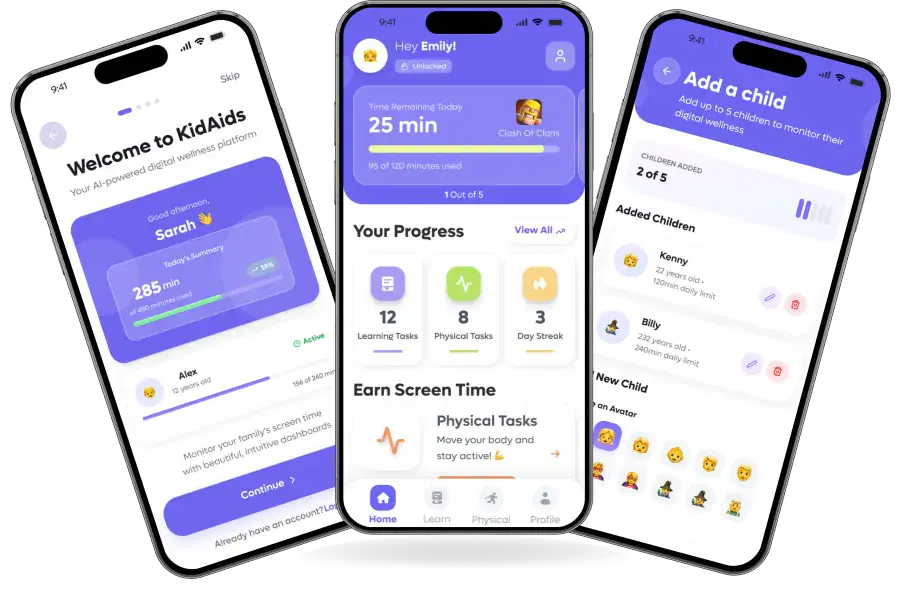 CoziCademy family learning app on a phone showing home and learning screens